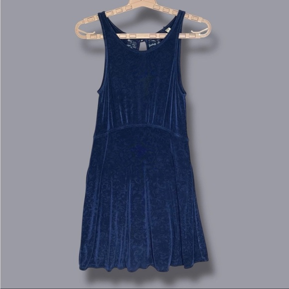 Free People Blue Boho Lady Jane Lace Trim Keyhole Skater XS Mini Dress EUC - Picture 2 of 12